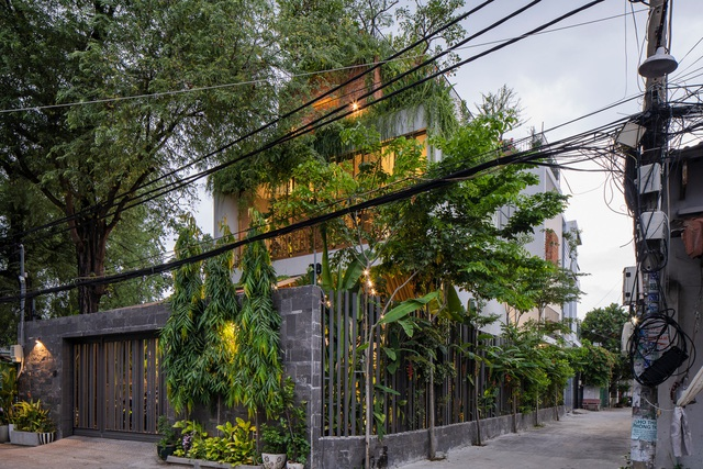 Với diện tích xây dựng là 110m2, ngôi nhà được thiết kế 3 tầng và 1 sân thượng, được chia làm 2 khối riêng biệt. Tầng 1 là không gian mở giữa phòng khách, bếp và bàn ăn. Nội thất được lựa chọn chủ yếu là gỗ mang lại sự ấm cúng và hòa hợp với màu xanh của cây cối.